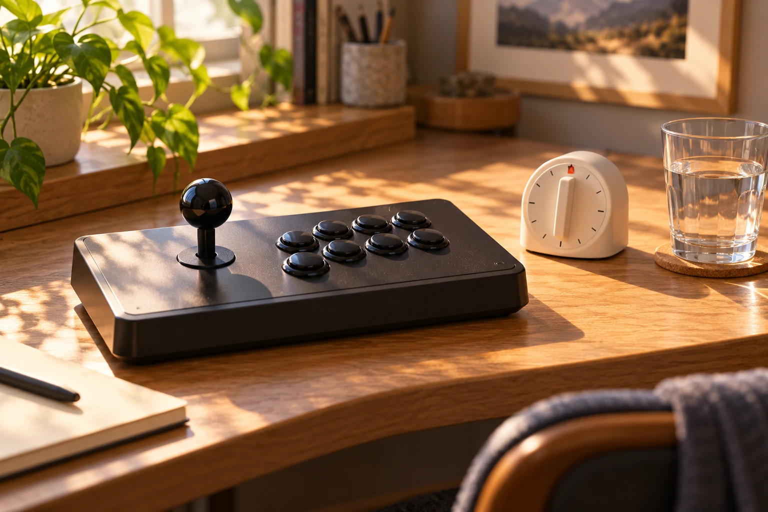 An arcade stick with a small timer and a glass of water.