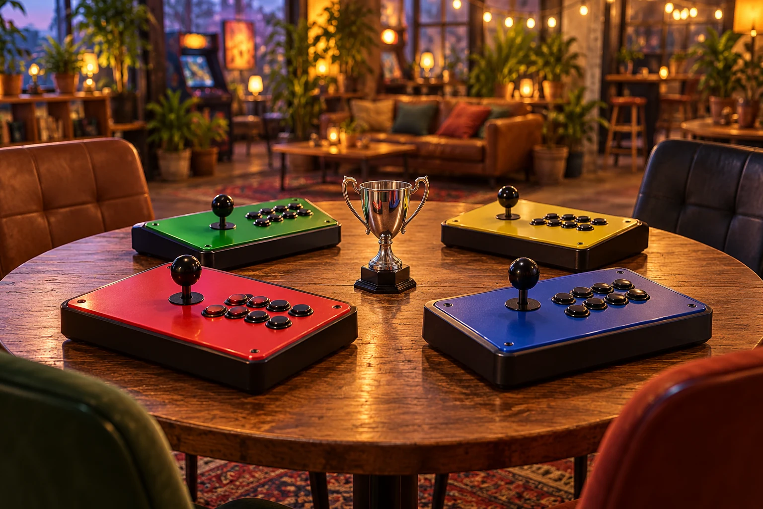 Four arcade controllers arranged around a trophy for a small tournament.