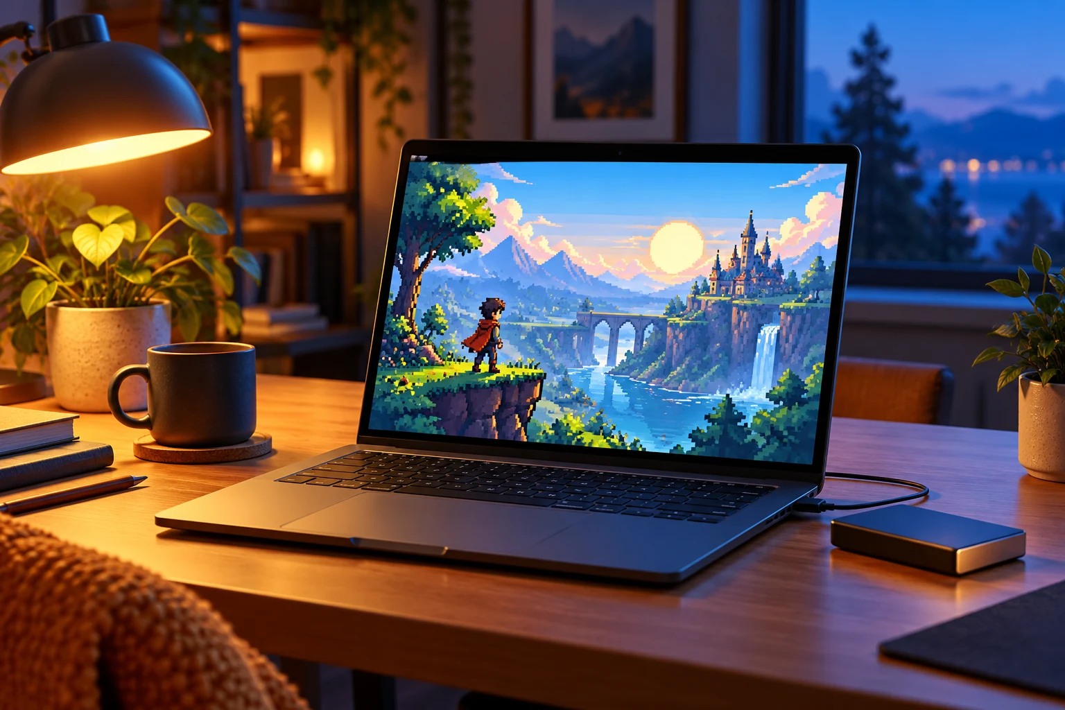 A laptop running an original pixel scene beside a connected storage drive.