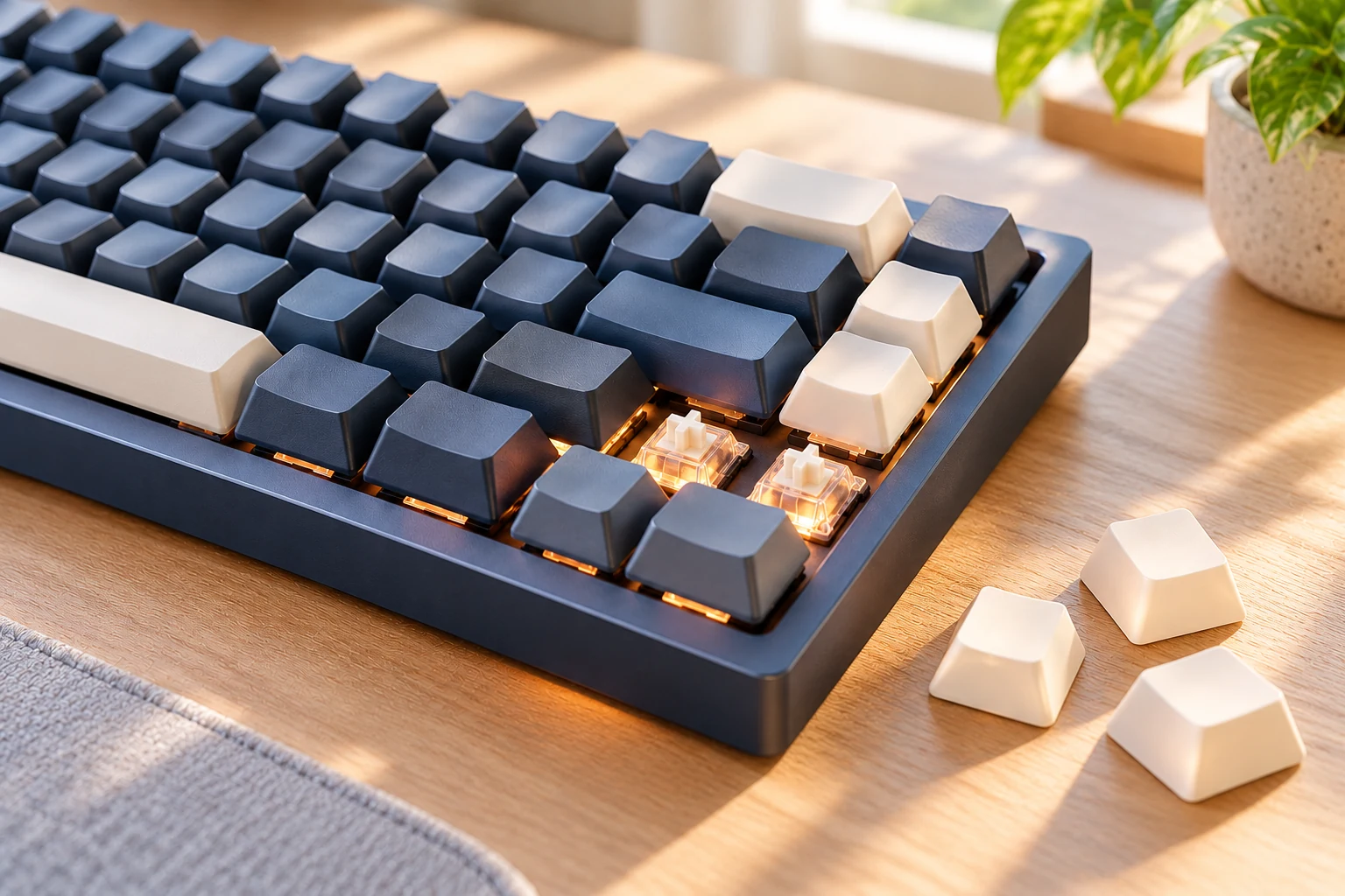 A close view of mechanical keyboard keys with several keys softly illuminated.