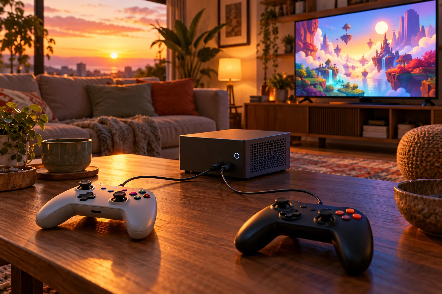 Two controllers connected to a small computer in a living-room setup.