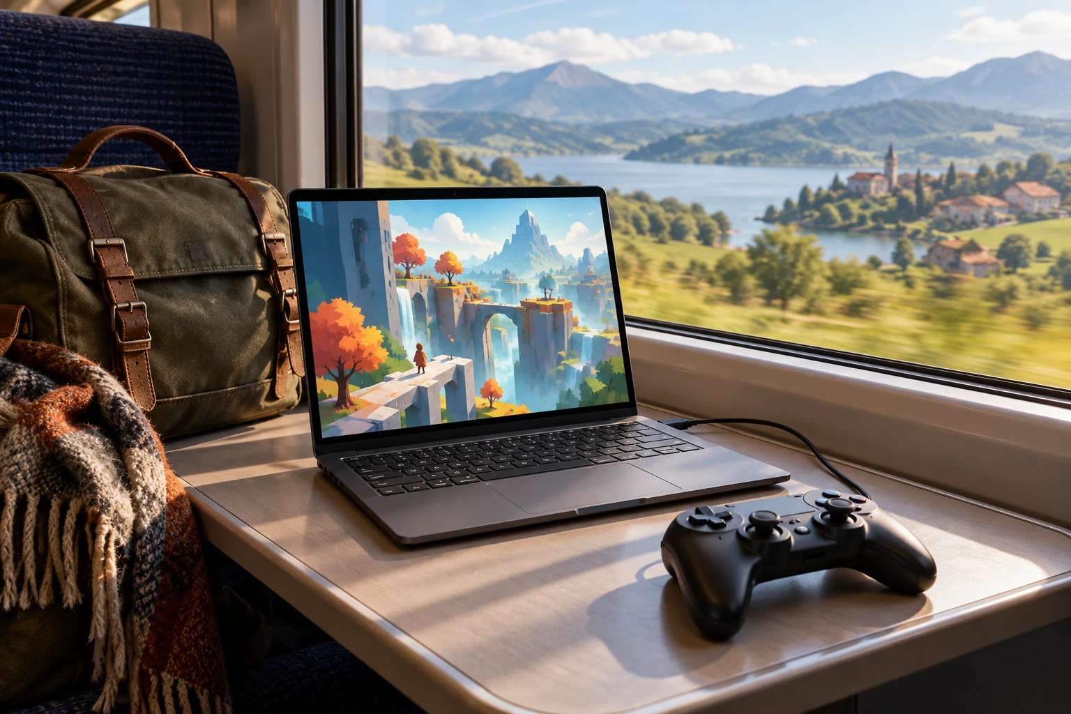 A laptop and wired controller on a train table beside a travel bag.