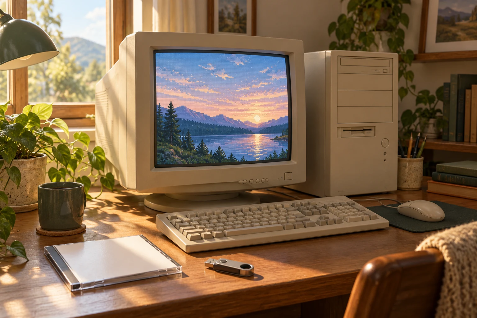 A retro desktop computer with a blank CD case and a USB drive.