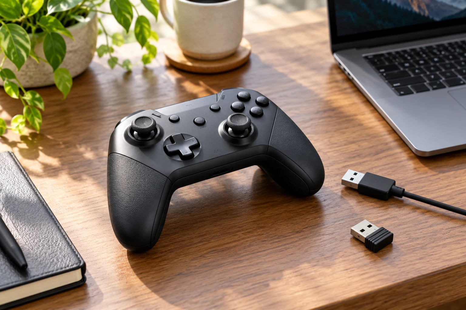 A gamepad beside its USB cable and wireless receiver on a desk.
