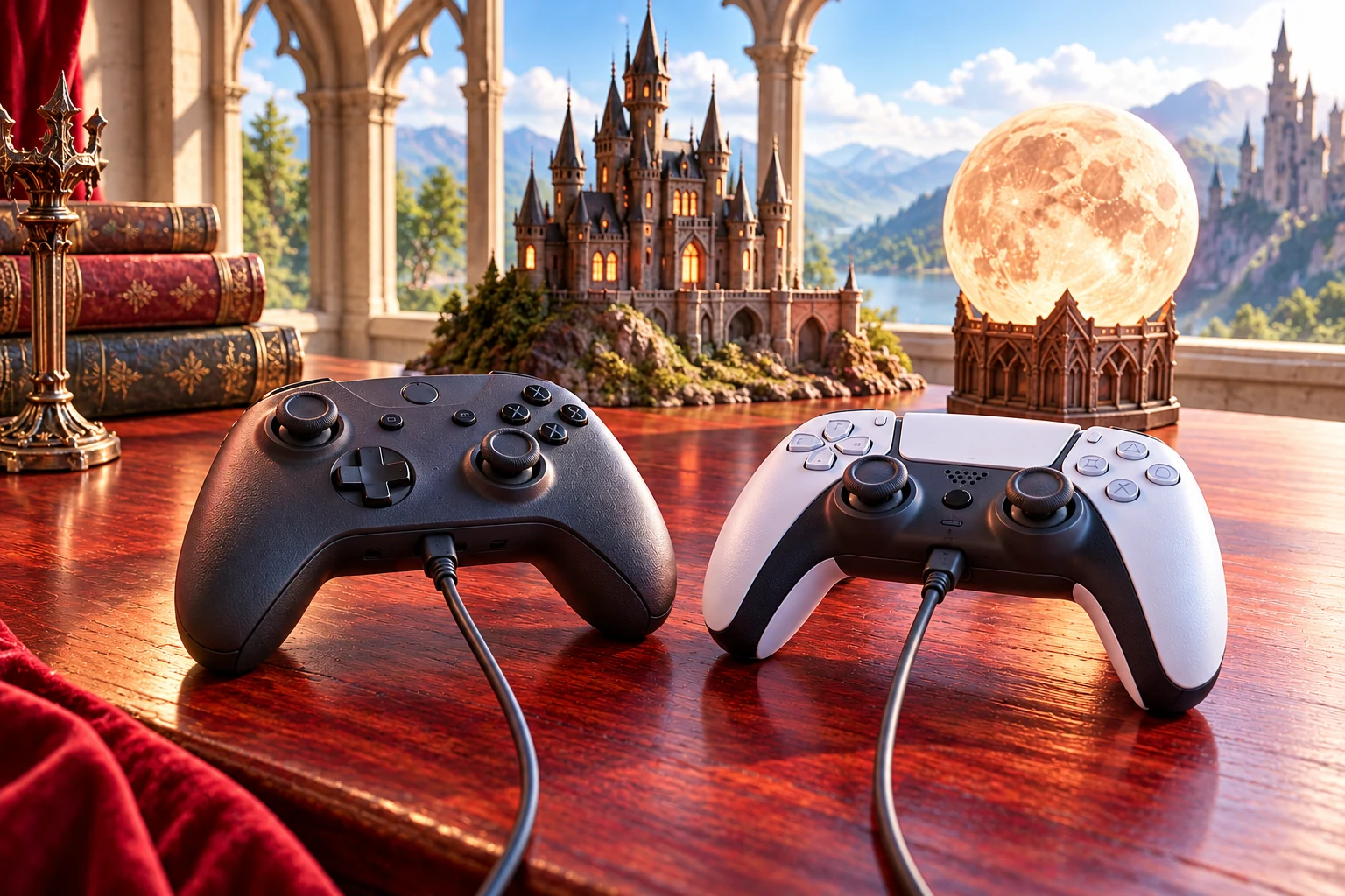 Two game controllers beside a miniature gothic castle and moon lamp in daylight.