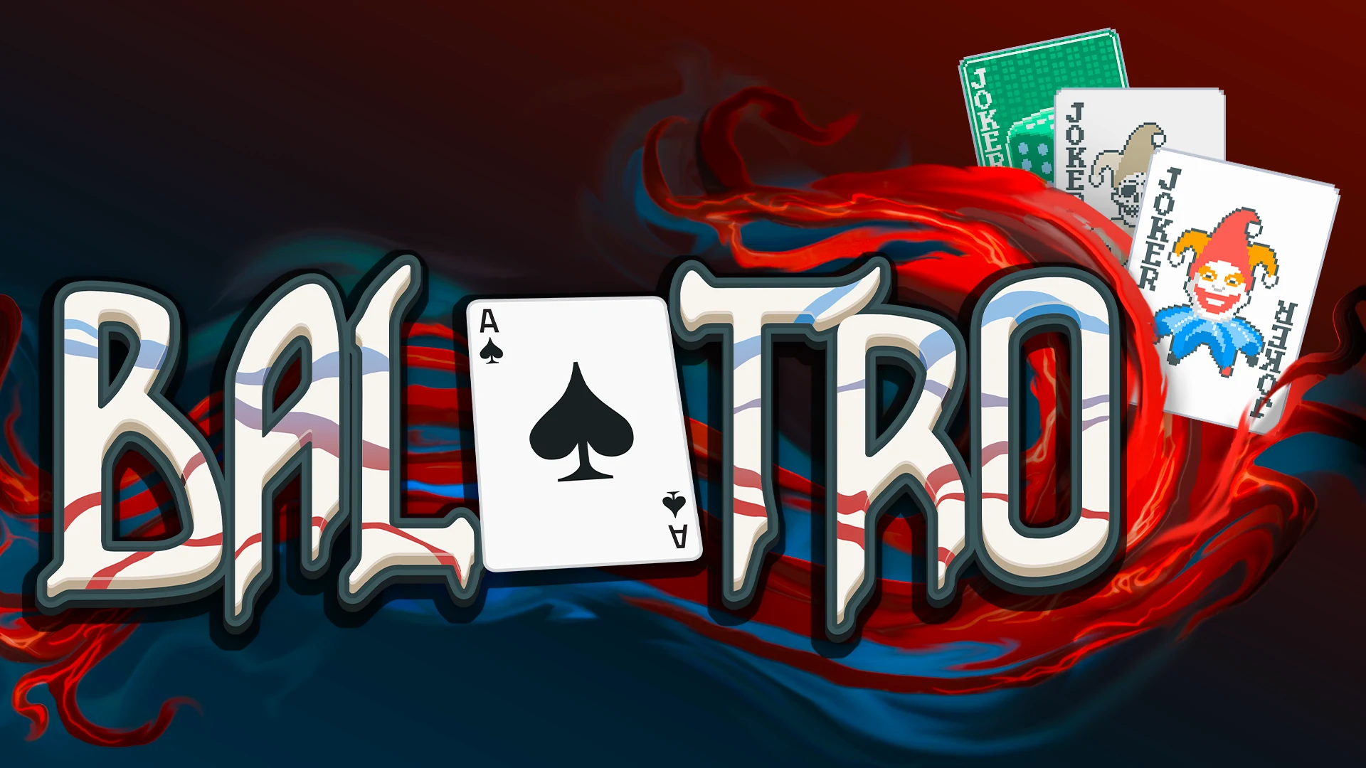 Official Balatro key art with the game logo, an ace of spades and Joker cards against a red and blue background.
