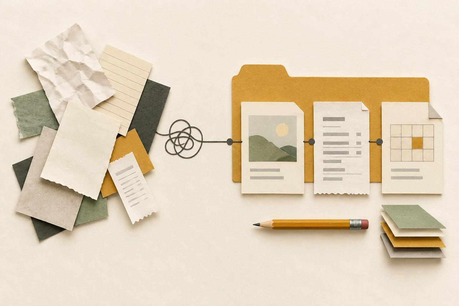 Paper collage of loose documents becoming an ordered set beside an ochre folder.