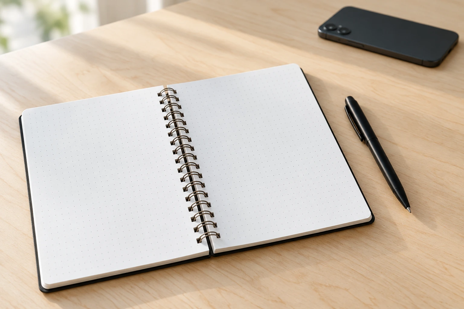 Open notebook and black pen on a bright wooden desk, with a phone resting face down.