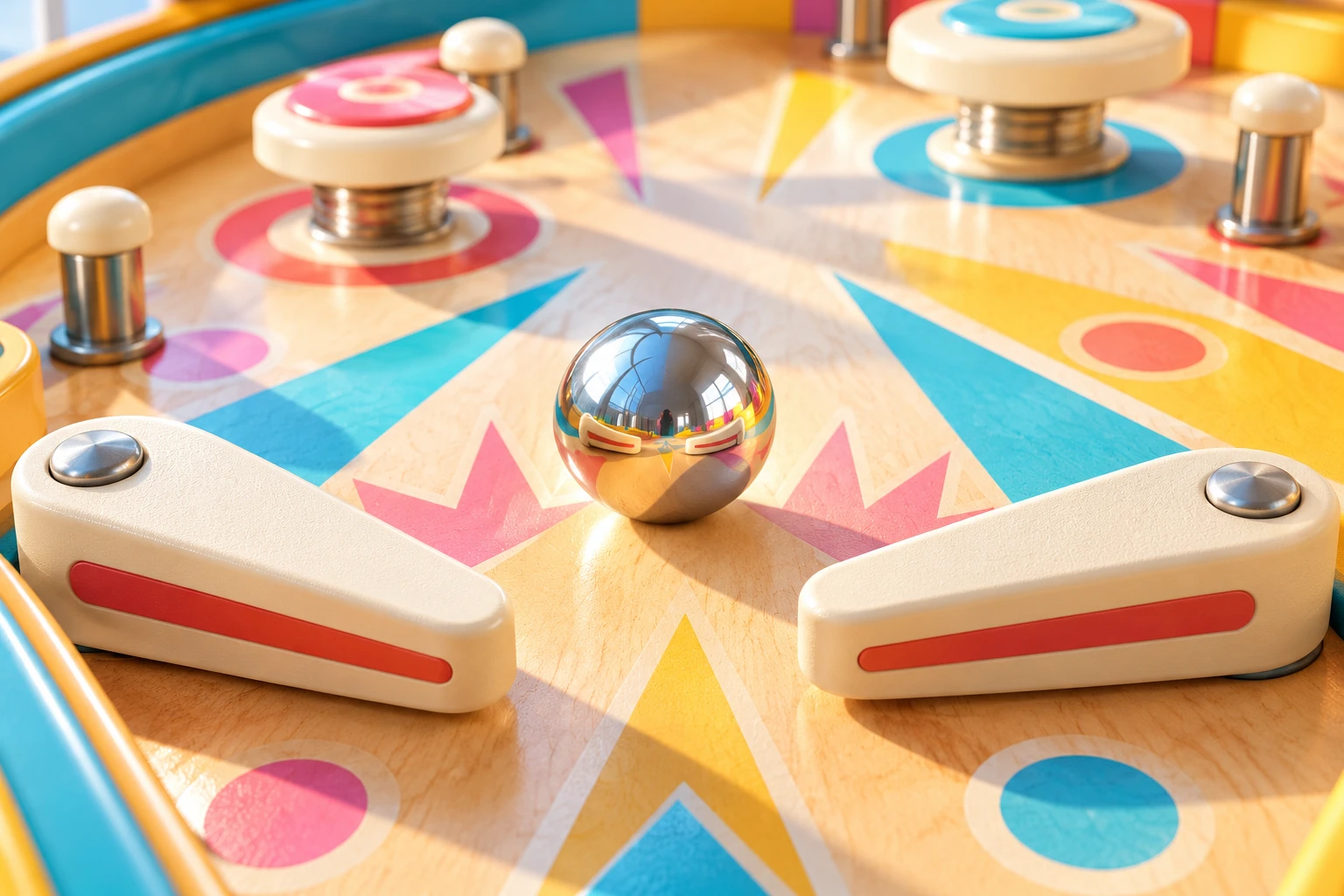 Metal ball between cream flippers on a bright pastel pinball table.