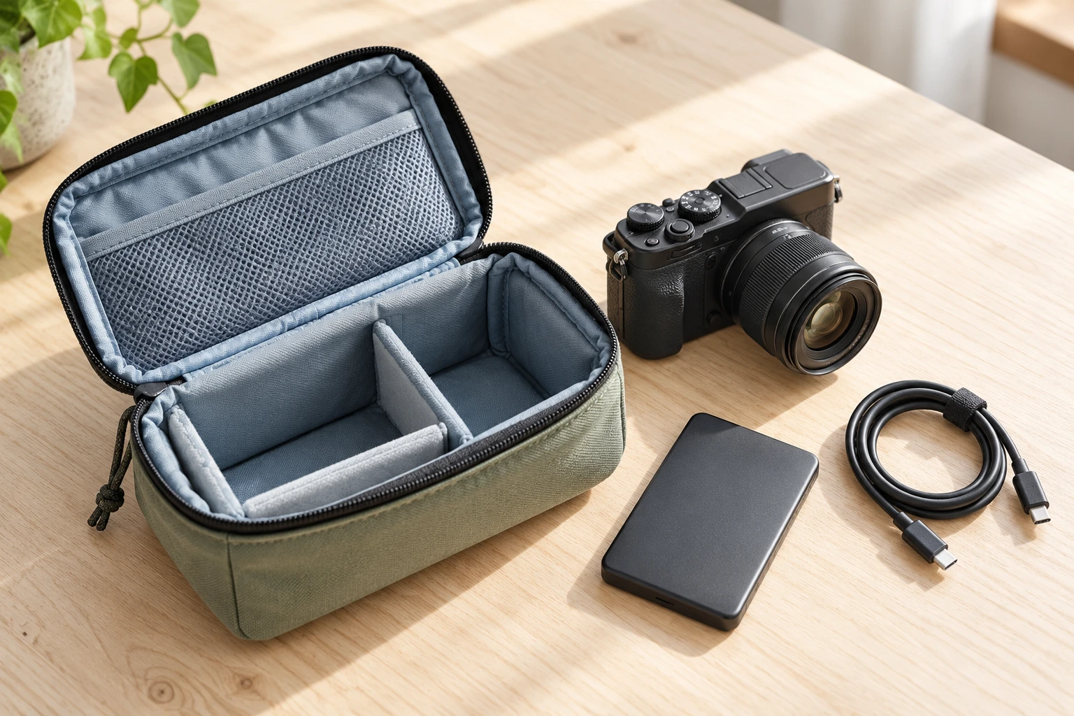 Open padded equipment pouch with a camera, compact drive and cable on a bright wooden table.