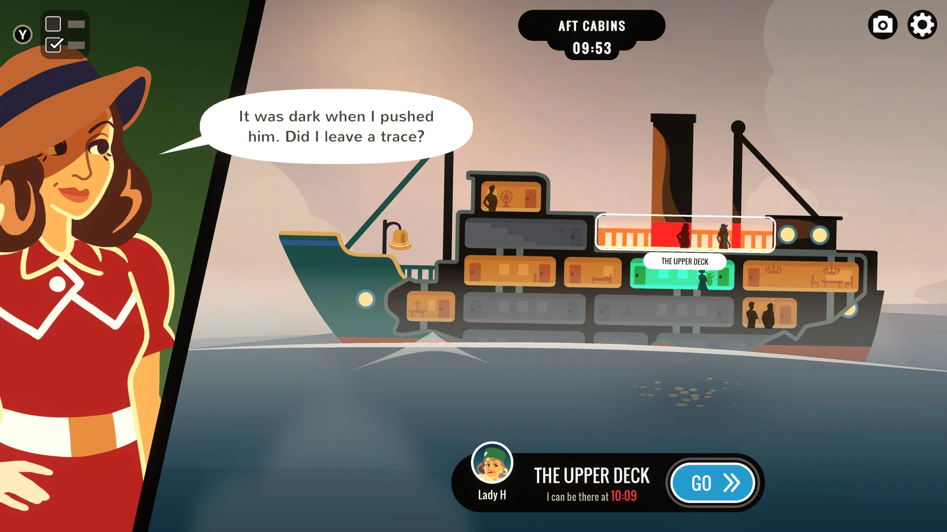Official Overboard! screenshot showing the ship map, characters and destination arrival time.