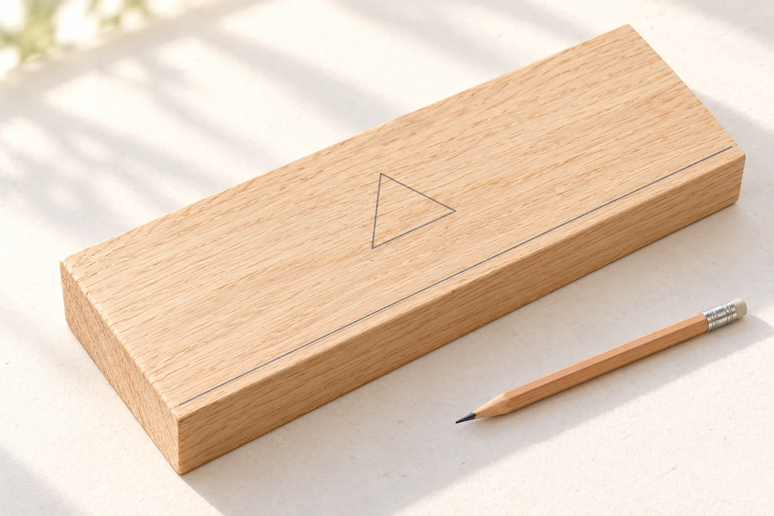 Wooden offcut with a pencil triangle on its reference face and a line beside the selected edge.