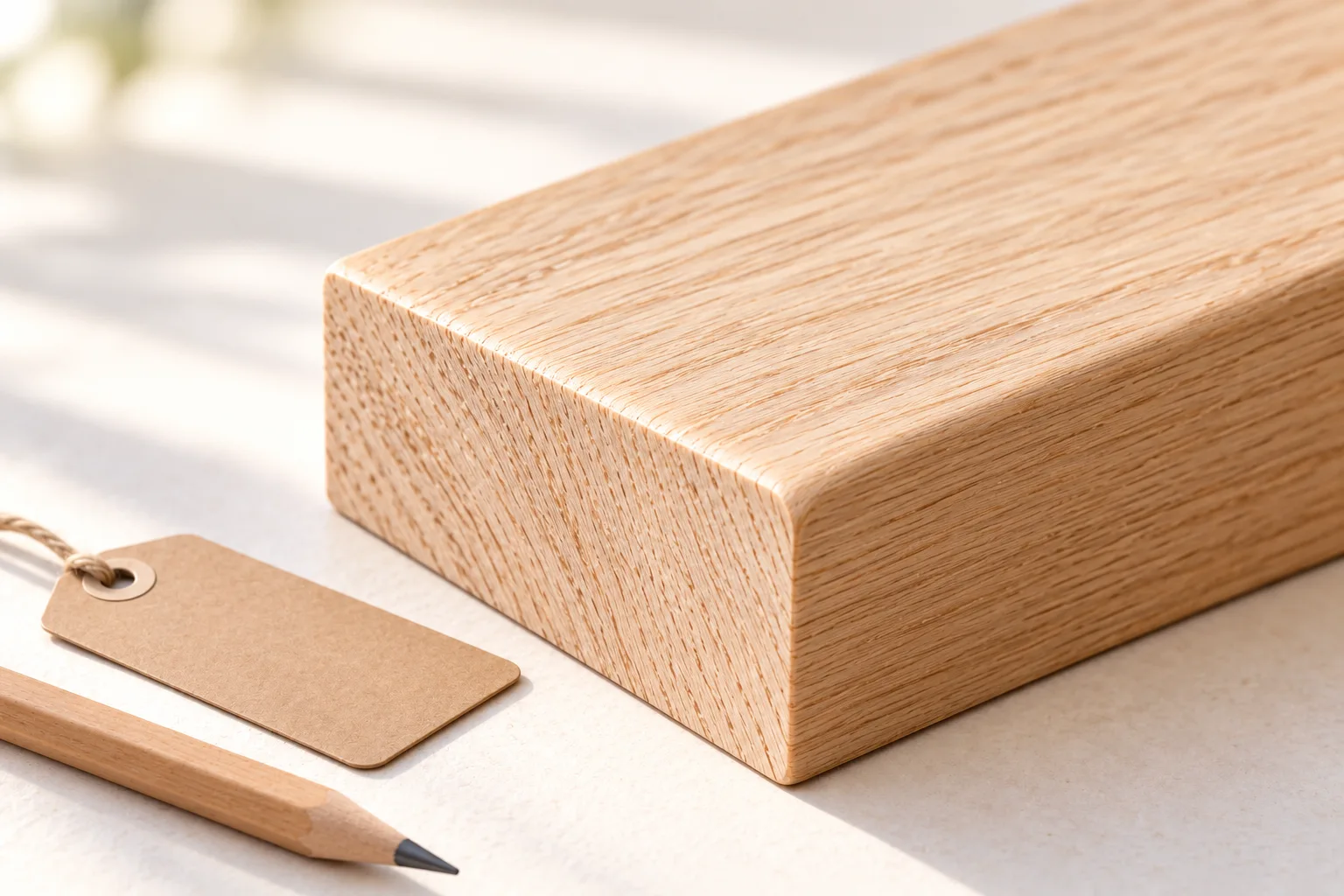 Rounded wooden sample beside a blank label and pencil.