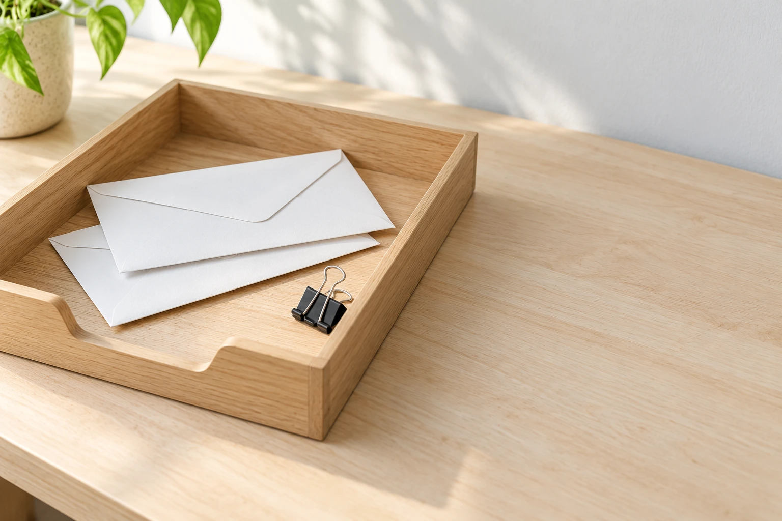 Two envelopes and a binder clip in a wooden paper tray.