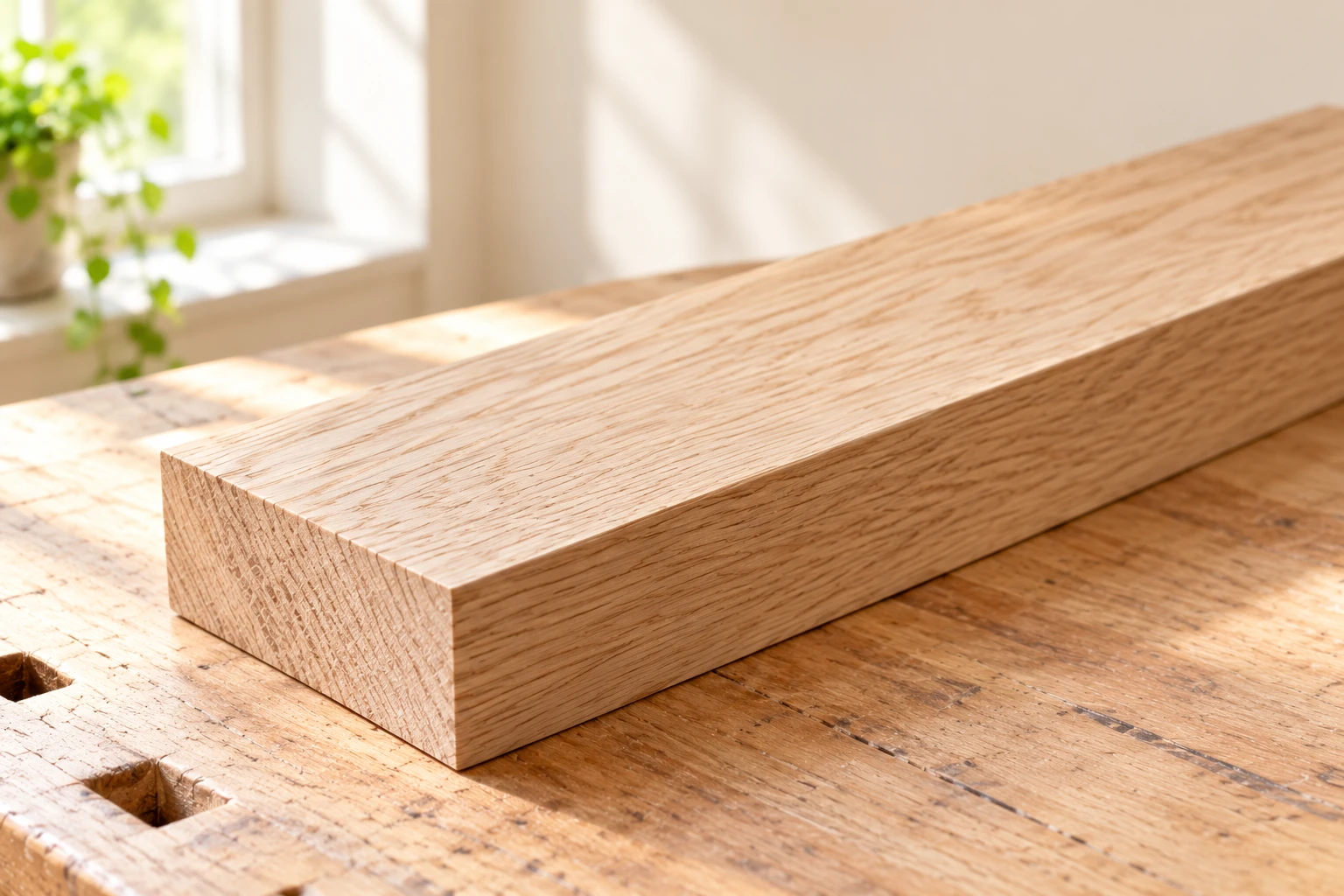 Close view of a wooden board showing the long grain and the edge that should stay square.