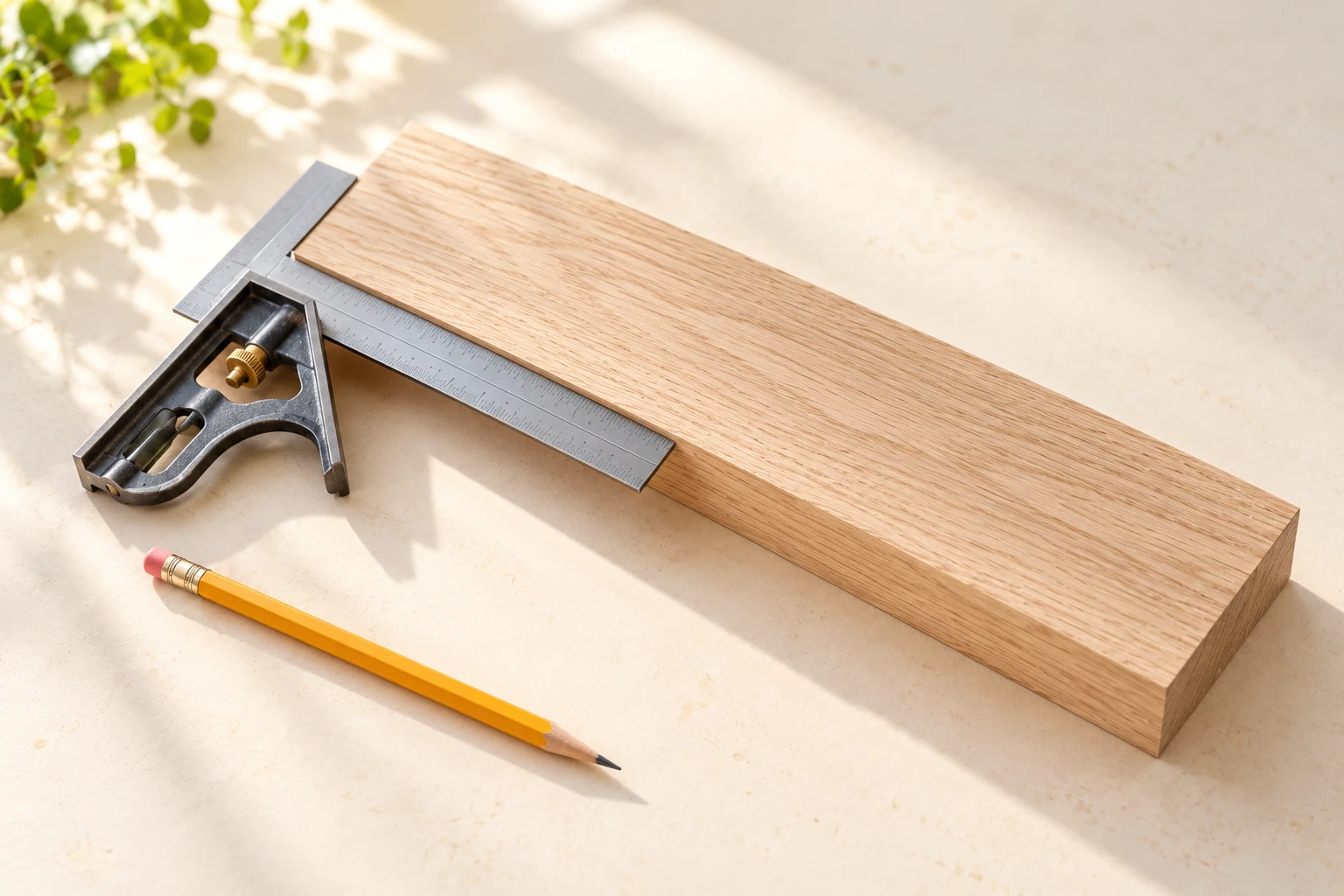 Wooden offcut with a pencil and combination square for planning the reference face.