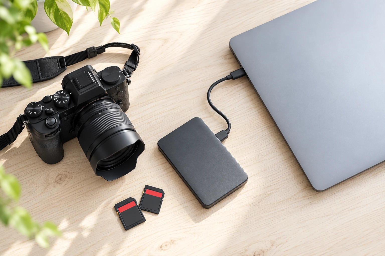 Camera, memory cards and portable drive beside a closed laptop.