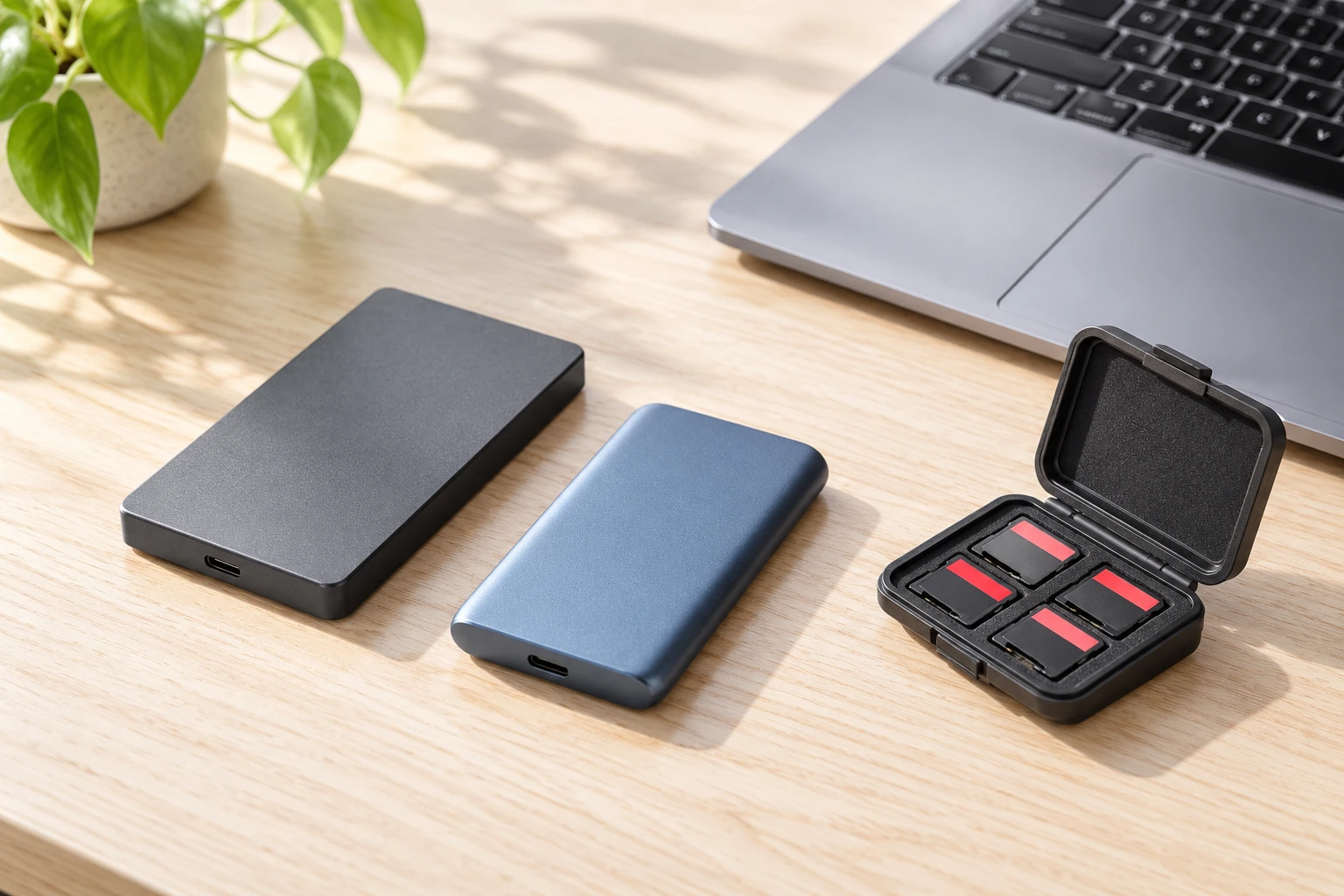 Two portable drives and an open memory-card case beside a laptop.