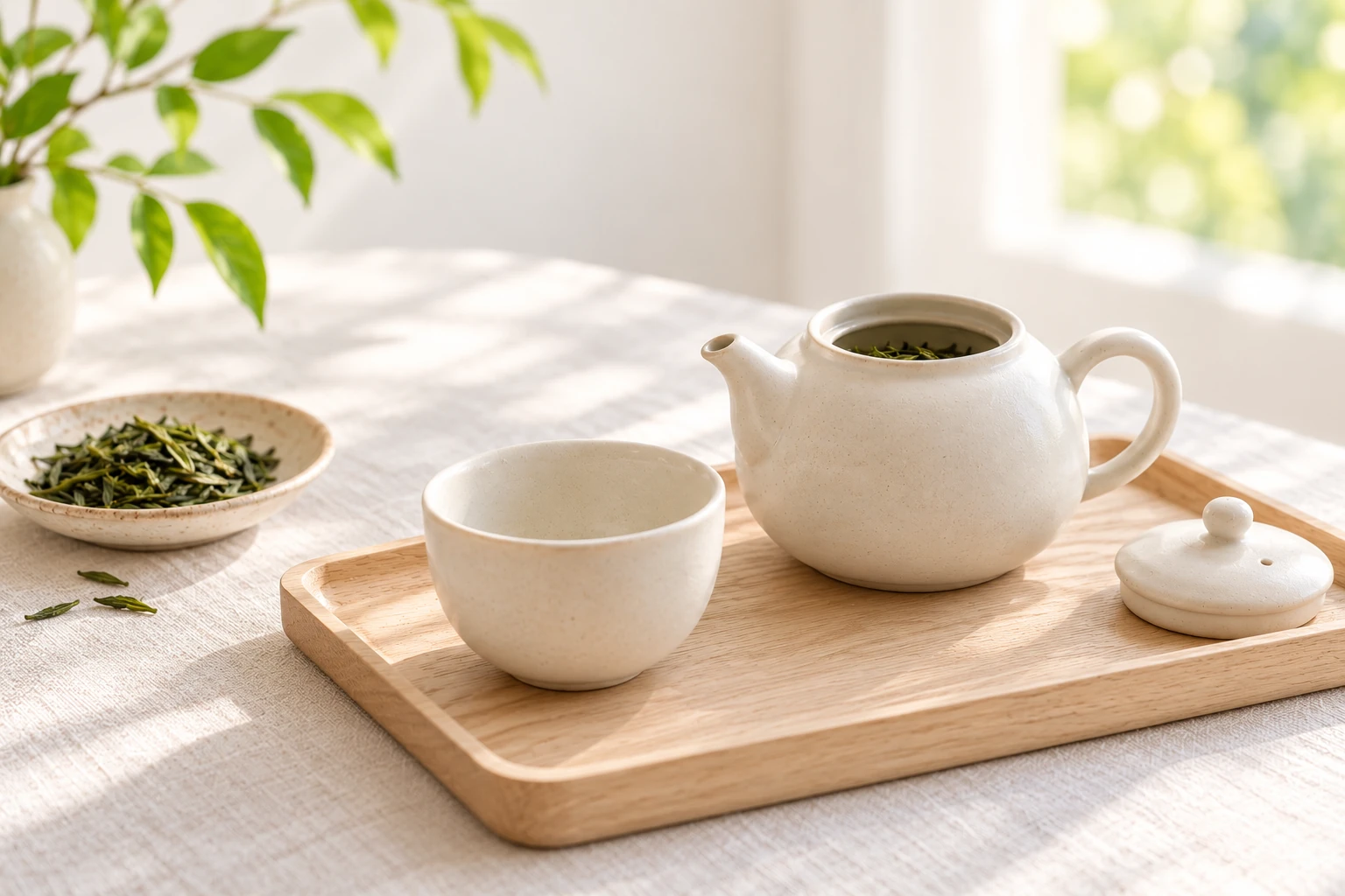 A teapot and cup arranged on a tray, ready for checking a comfortable serving volume.