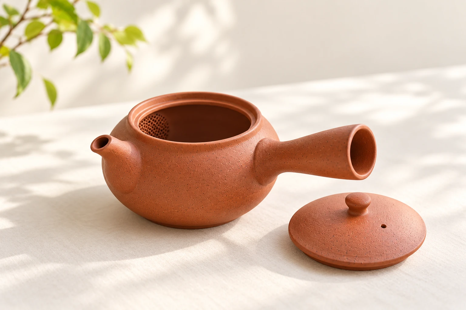 An open side-handled kyusu with a perforated ceramic filter visible inside near the spout.