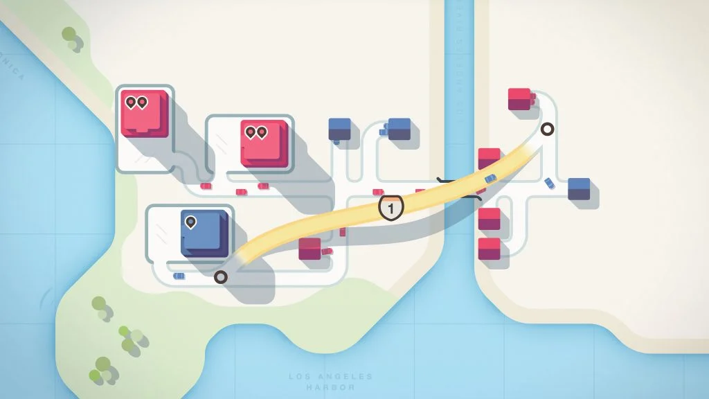 A Mini Motorways road network crossing a river
