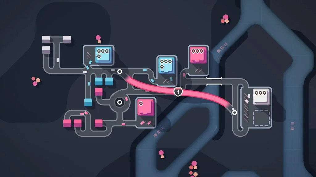 A Mini Motorways night map with a motorway crossing the river