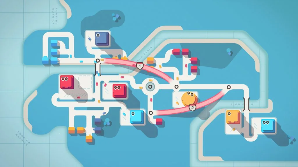 A colourful Mini Motorways network with a roundabout and several destinations