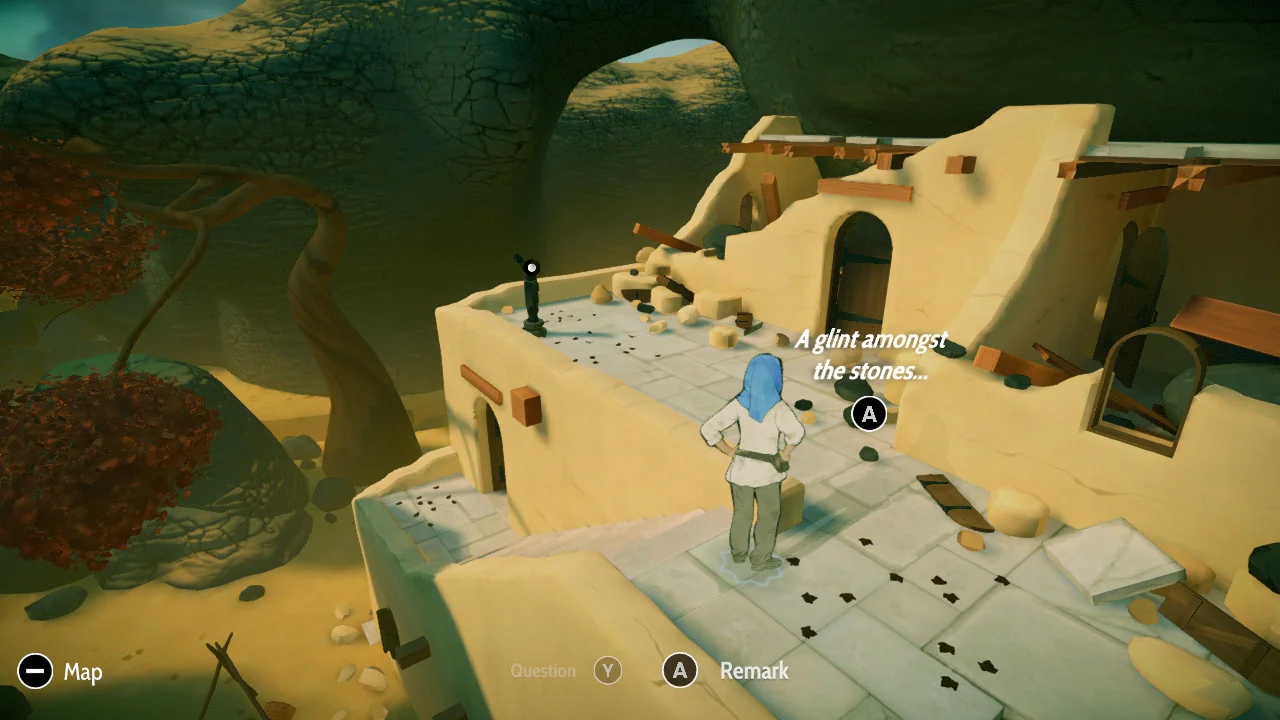 Aliya explores a sunlit settlement in Heaven’s Vault