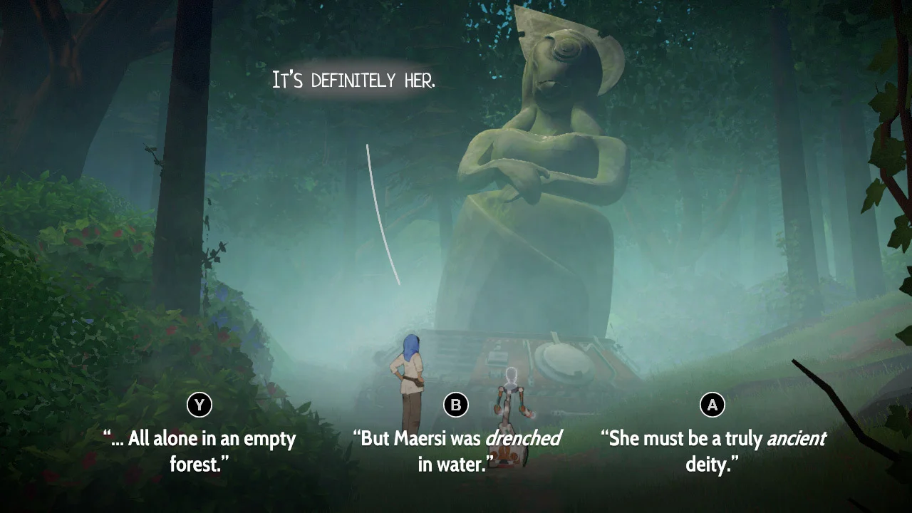 Aliya stands before a large statue with dialogue choices visible