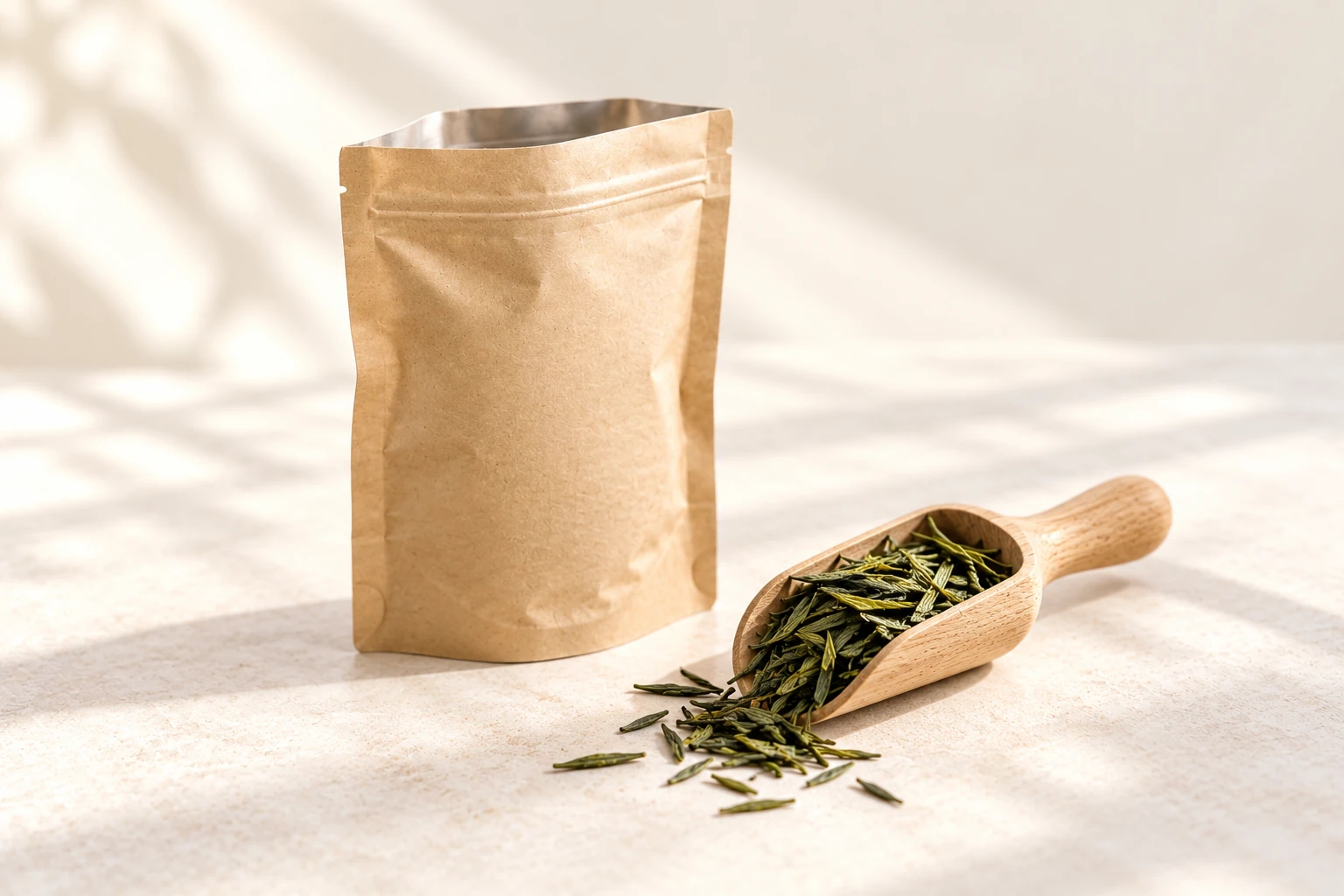 Loose tea pouch and wooden scoop; the amount in the scoop is not a measured dose.