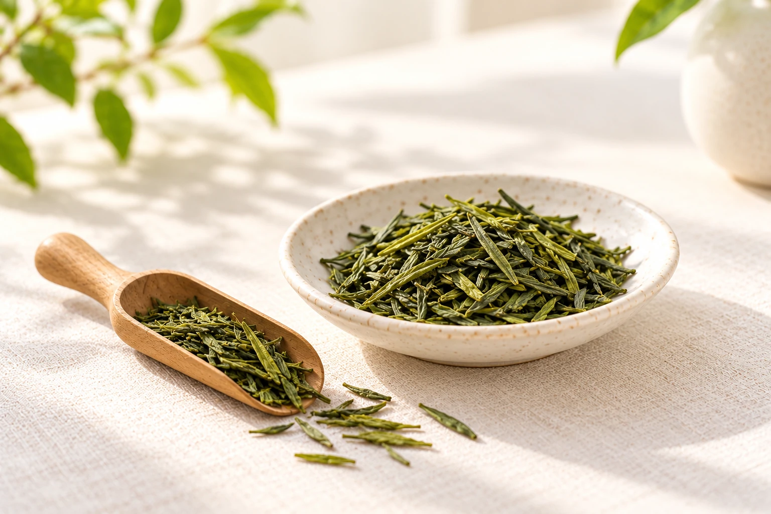 Loose green tea leaves in a bowl and scoop, showing why the way leaves fill a spoon matters.