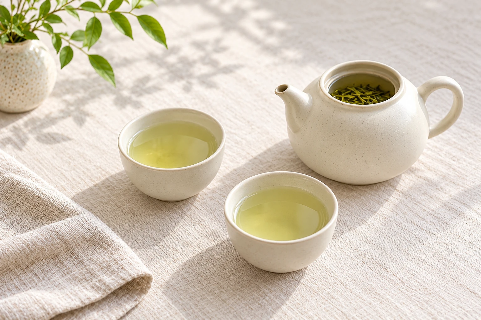 Teapot and two cups arranged for brewing; water volume is measured separately from dry leaf mass.