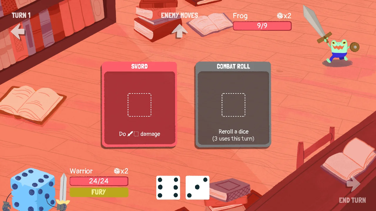 Warrior battles a frog with dice and equipment visible in Dicey Dungeons