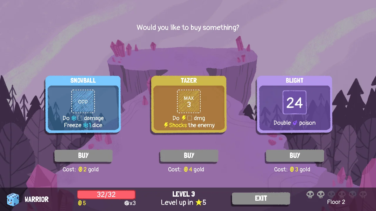 Dicey Dungeons shop displaying equipment choices for the Warrior