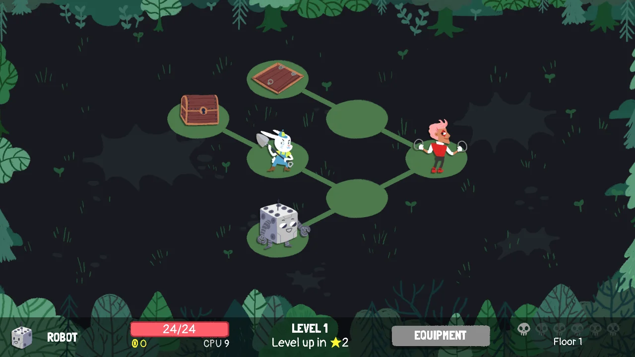 The Robot stands on a branching Dicey Dungeons floor map