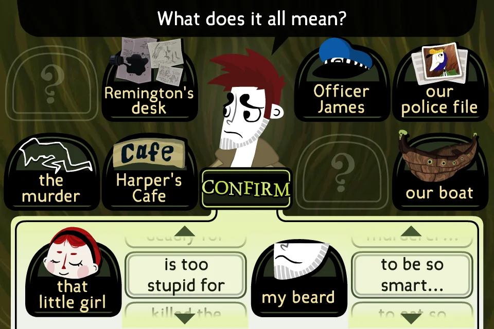 Detective Grimoire deduction interface with selectable subjects and phrases