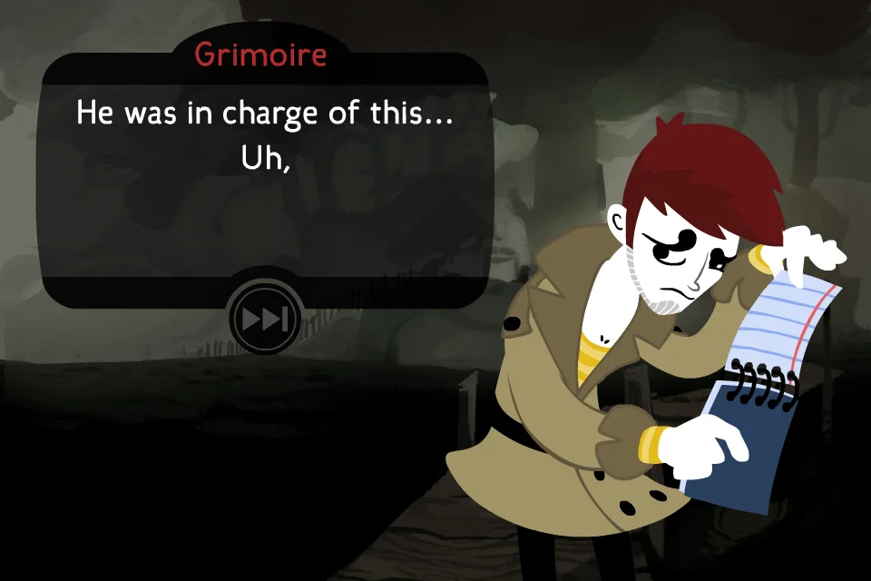 Detective Grimoire holds his notebook during a conversation