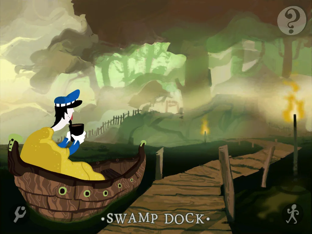 The swamp dock and a character arriving by boat in Detective Grimoire