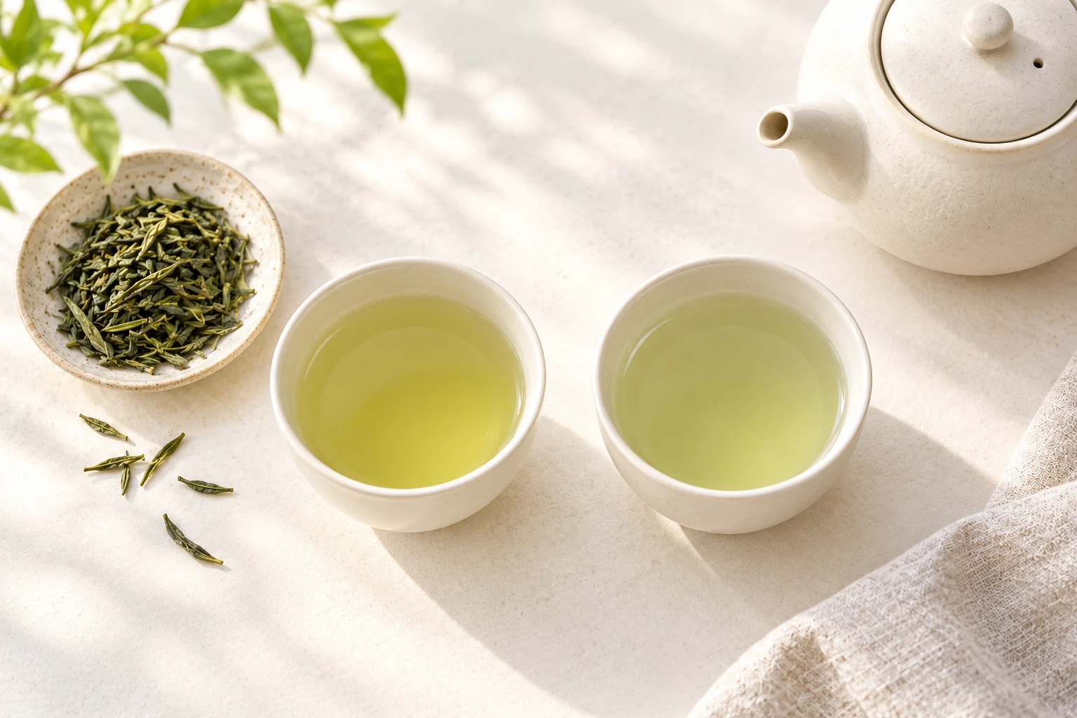 Two cups arranged for a tea comparison; illustrated color does not identify either variety.