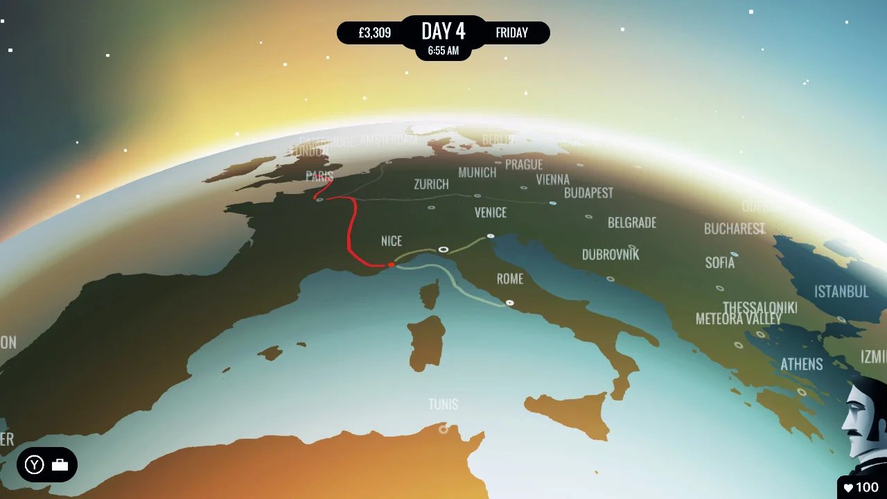 Route lines connect European cities on the 80 Days globe