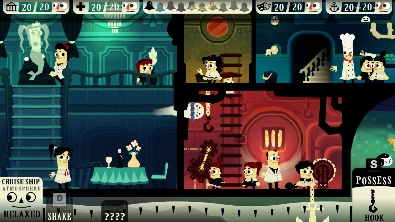 A ship shown in cross section with dining rooms and passengers in Haunt the House Terrortown