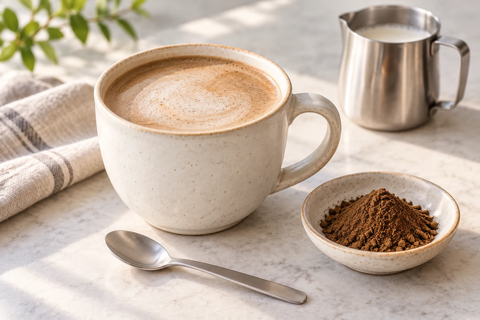 Illustrated hojicha latte beside brown roasted tea powder and a milk pitcher.