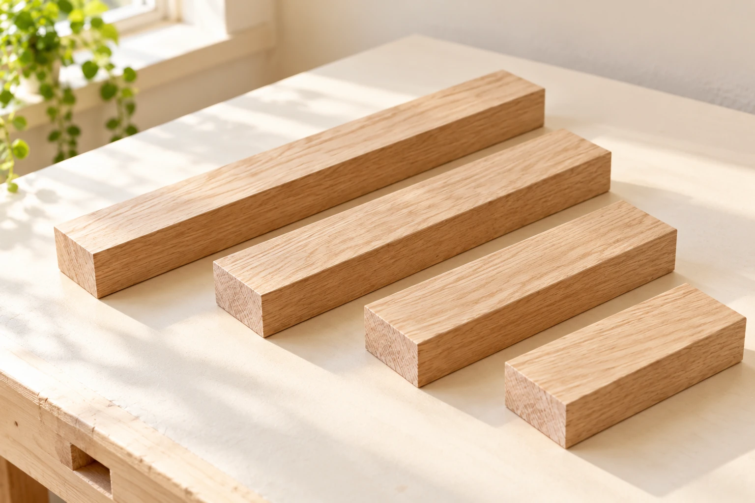 Clean wooden offcuts arranged on a bright workbench for a trial assembly.