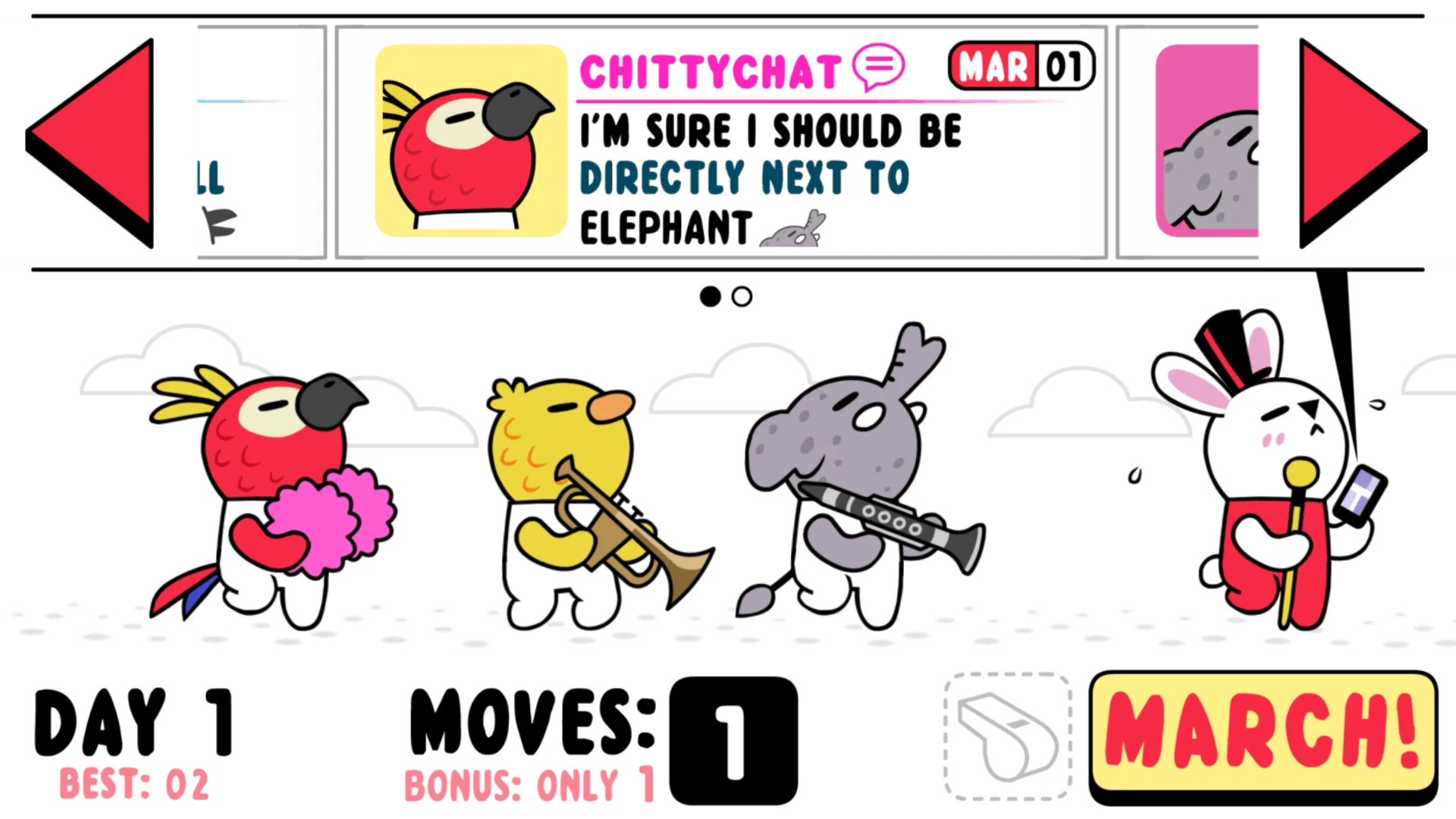 Animal marching band and adjacency clue in Marching Order