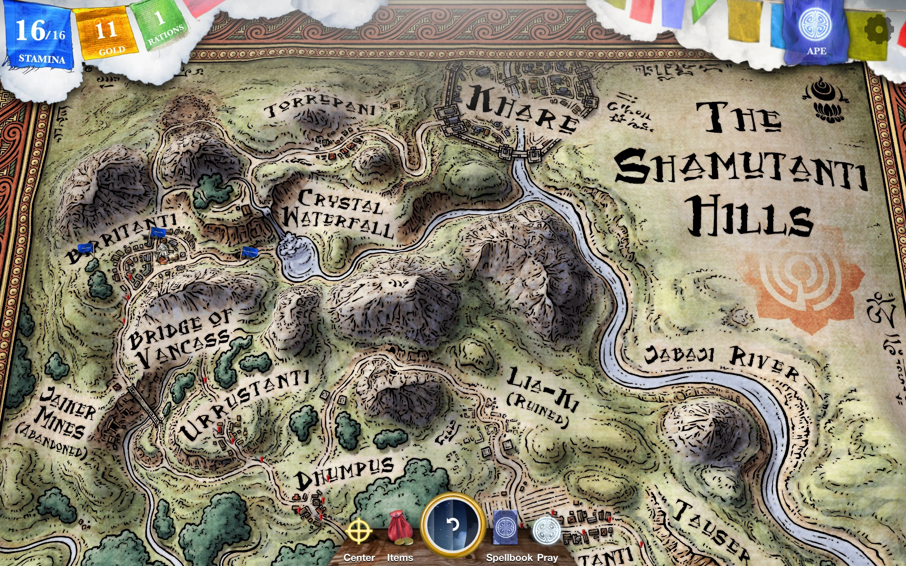 Hand-drawn Shamutanti Hills map in Sorcery Parts 1 and 2