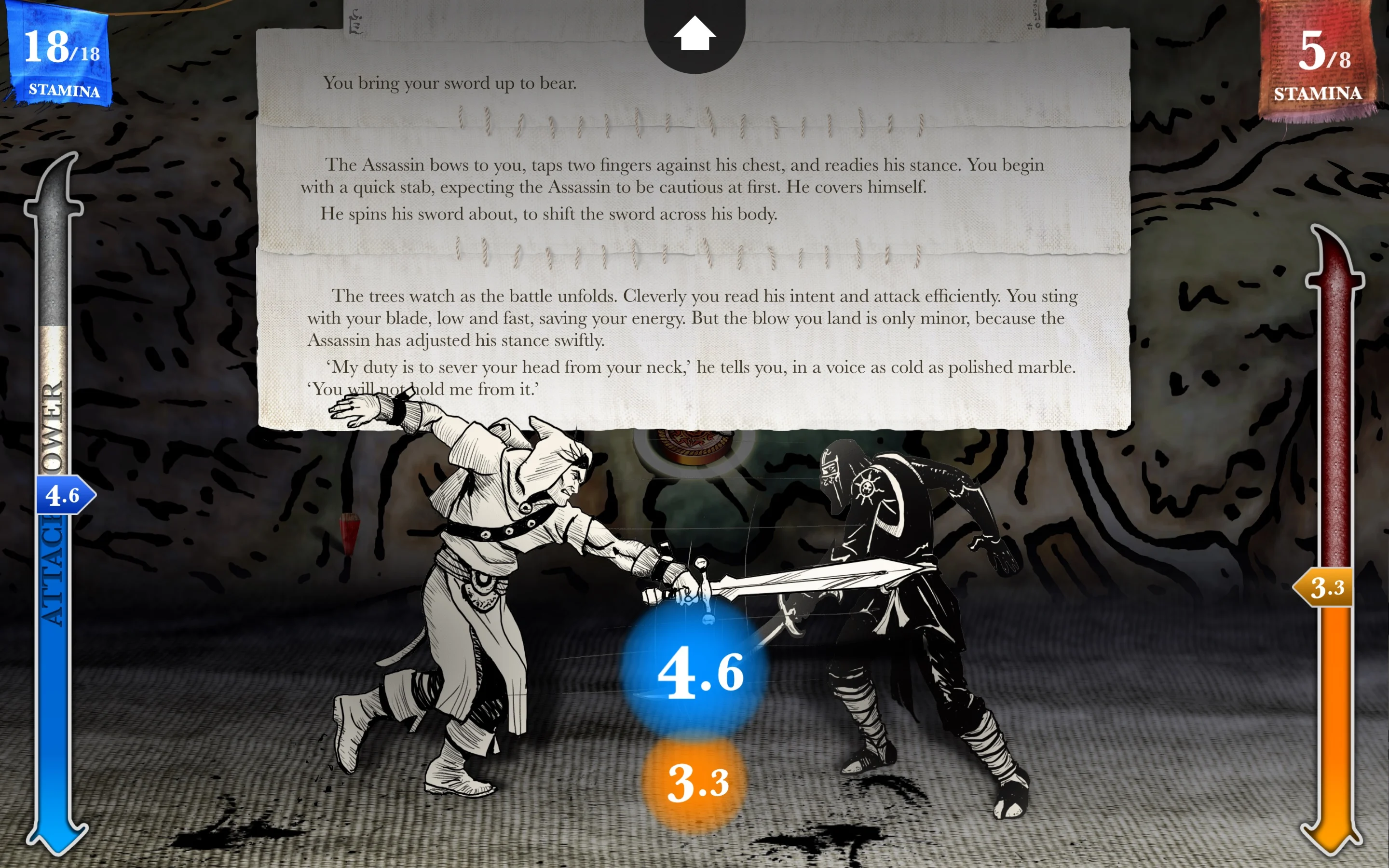 A sword duel with written combat narration in Sorcery Parts 1 and 2