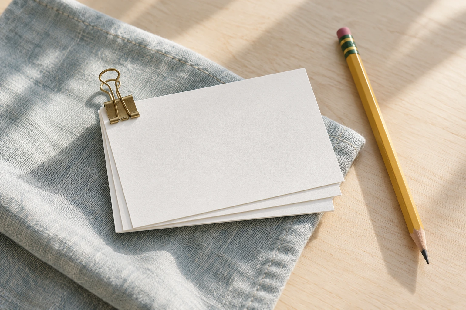 Blank index cards with a binder clip and pencil.