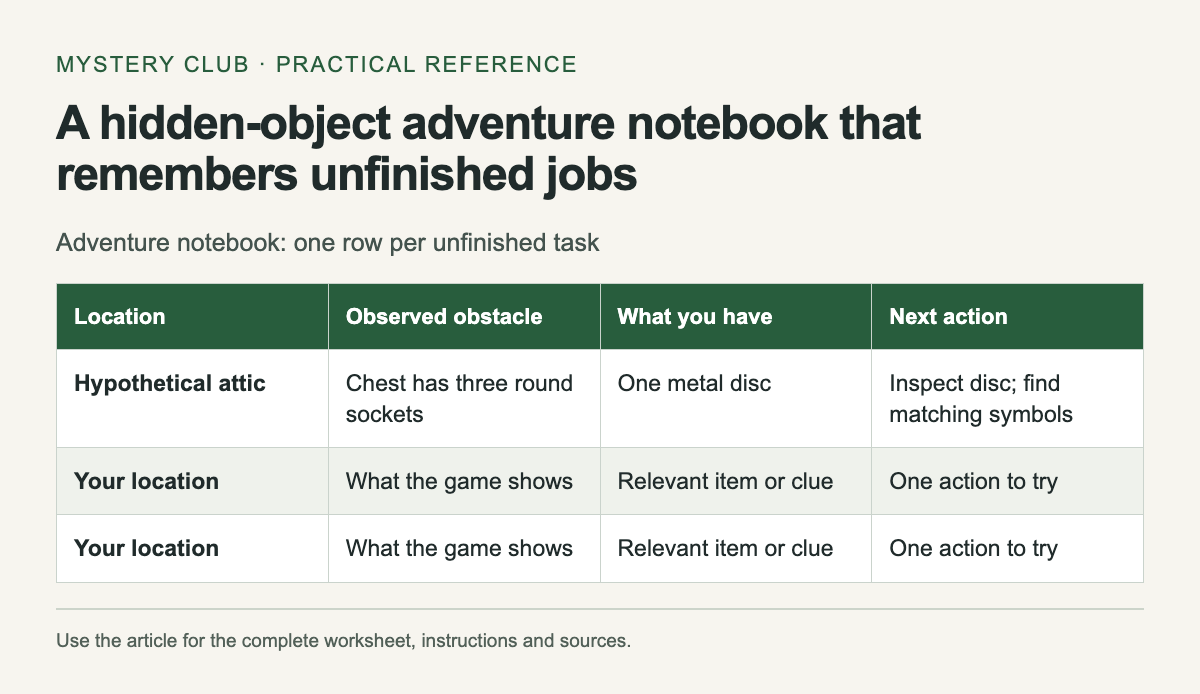 Adventure notebook: one row per unfinished task. The complete instructions and accessible tool follow in the article.