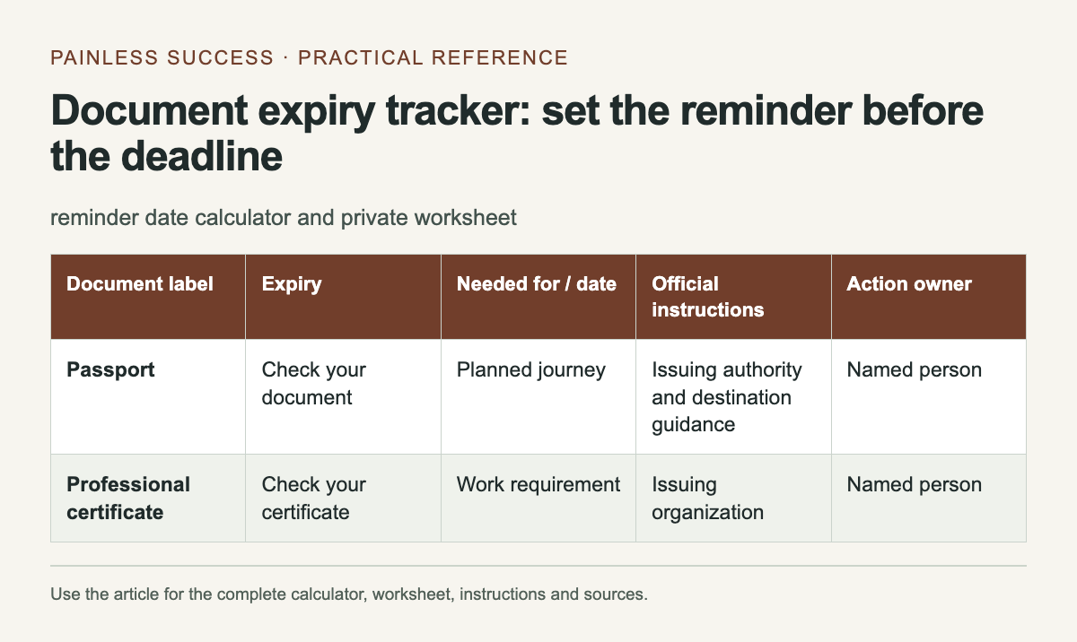 Document expiry tracker: set the reminder before the deadline. The complete instructions and accessible tool follow in the article.