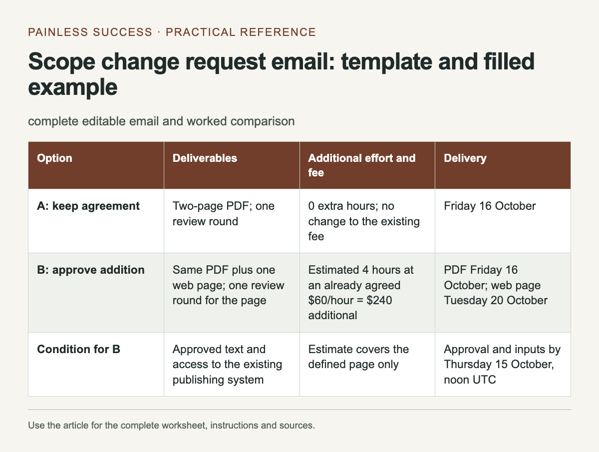 Scope change request email: template and filled example. The complete instructions and accessible tool follow in the article.